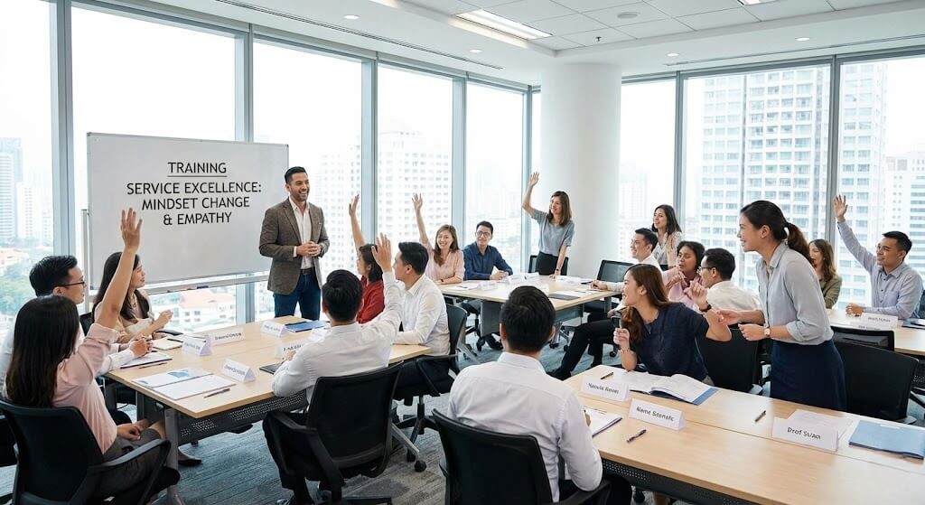 Suasana kelas pelatihan karyawan yang interaktif untuk mempelajari perbedaan Customer Service dan Service Excellence.