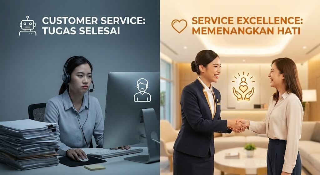 Ilustrasi visual yang menunjukkan perbedaan Customer Service dan Service Excellence melalui bahasa tubuh dan antusiasme staf dalam melayani pelanggan.