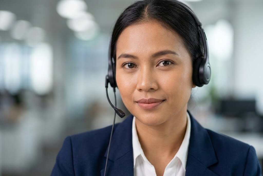 Staf layanan pelanggan wanita Indonesia sedang mendengarkan keluhan pelanggan dengan tatapan empati dan penuh perhatian melalui headset