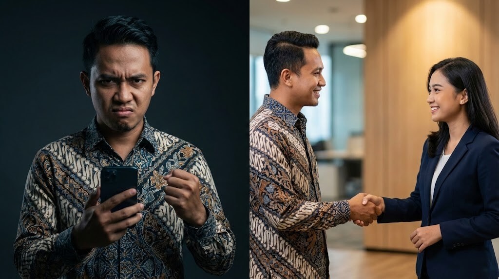 Ilustrasi pelanggan Indonesia yang beralih dari kecewa menjadi puas setelah dilayani oleh staf profesional, menggambarkan kesuksesan penanganan komplain