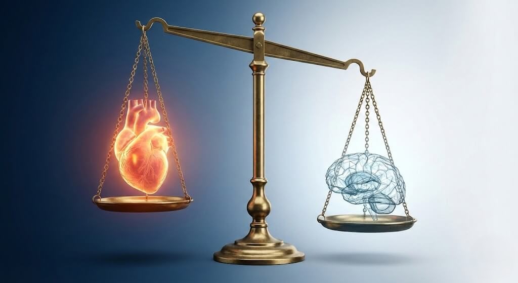 Ilustrasi Timbangan Logika vs Emosi - Hati lebih berat dari Otak