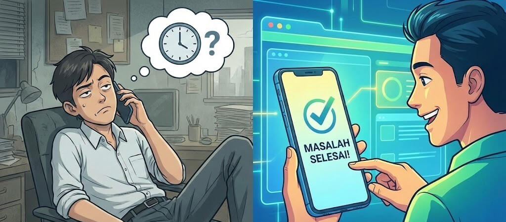 Ilustrasi perbandingan pelanggan frustrasi menunggu dan pelanggan senang dengan solusi cepat