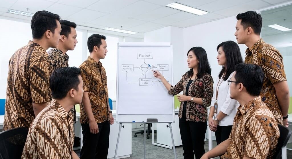 Tim profesional Indonesia sedang brainstorming flowchart SOP