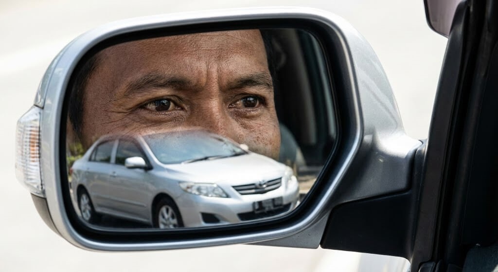 Close up mata pengemudi melihat spion teknik scanning smith system safety driving