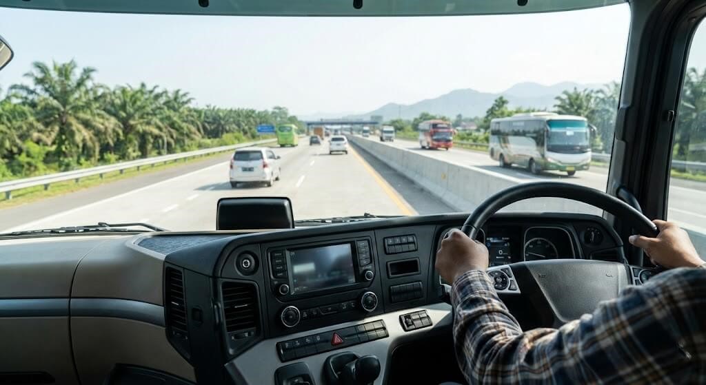 Sudut pandang pengemudi truk teknik smith system aim high in steering interior kabin modern