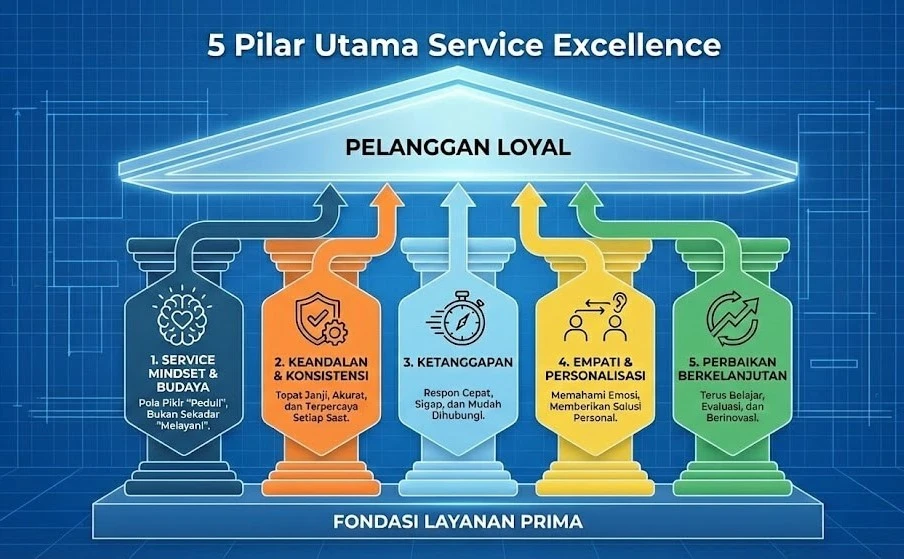 Infografis 5 pilar utama service excellence sebagai fondasi untuk menciptakan pelanggan fanatik dan pertumbuhan bisnis