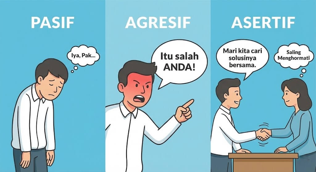 Infografis perbedaan gaya komunikasi pasif agresif dan asertif dalam pelayanan pelanggan